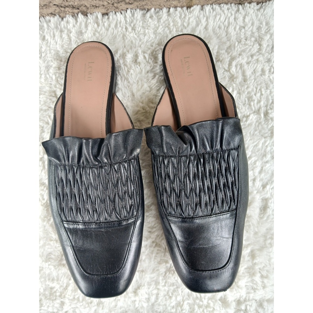 Lewit Women's Serena Black Leather Flat Ruffled Shoes Size 40 Made In Italy